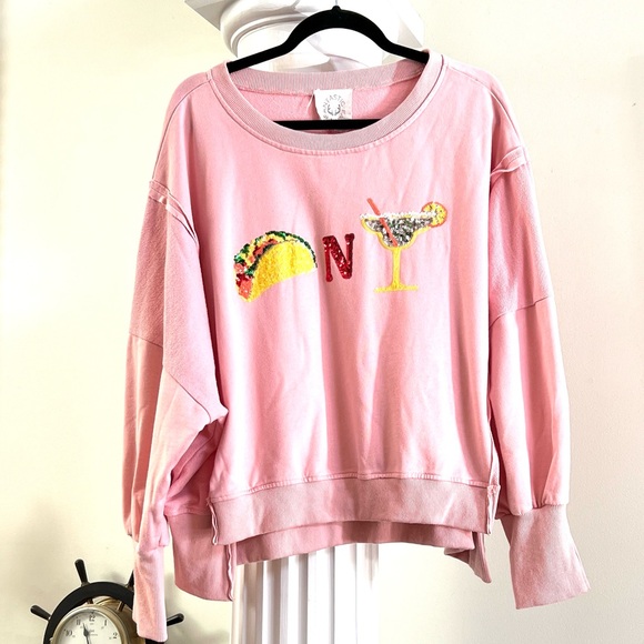 Boutique Fantastic Fawn Tacos & Margaritas Sequin Patch Light Pink Sweatshirt 🌮🍹 - Picture 5 of 14